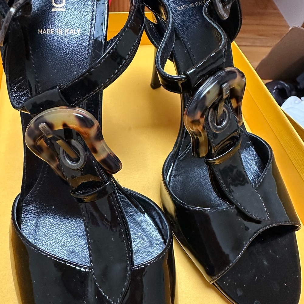 Fendi Black Patent Leather Heeled Sandals with Tortoiseshell Buckle